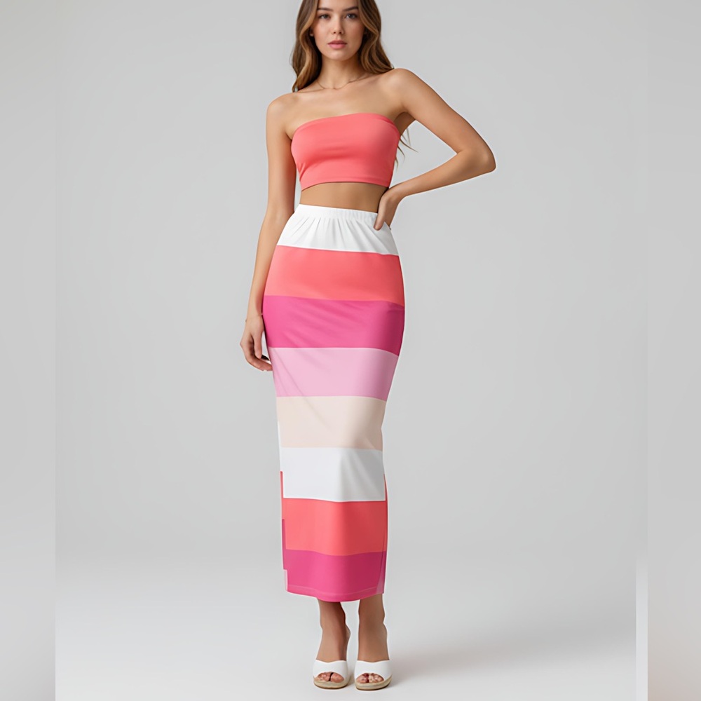 Color Block Slim Fit Tube Top And Elastic Waist Skirt